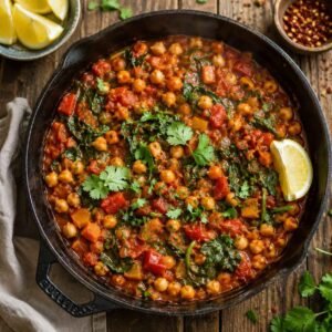 vegan chickpea skillet recipe in a cast iron pan with spinach and tomatoes