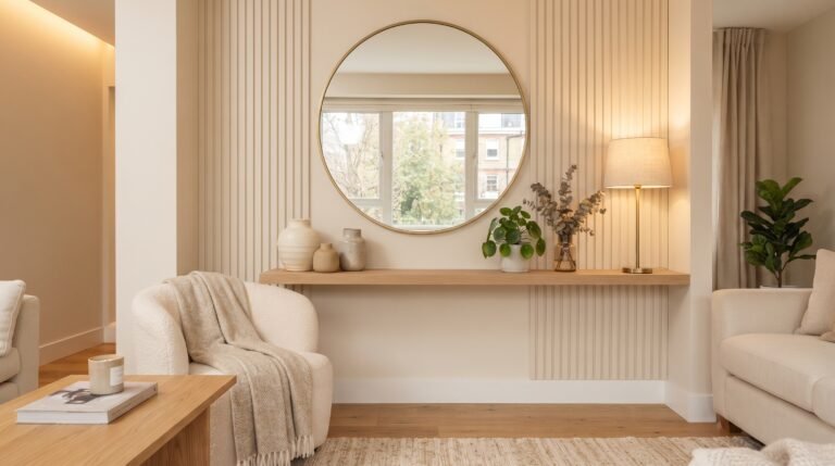 Warm neutral accent wall with large round mirror, vertical paneling and floating wood shelf