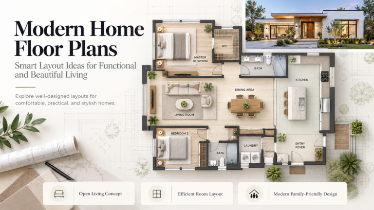 Modern 2 bedroom house floor plan with open living room, kitchen island, dining area, bathrooms, laundry room and entry foyer.