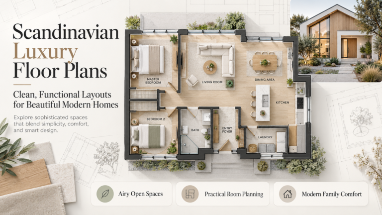 Scandinavian luxury floor plan featuring an open living room, dining area, modern kitchen, two bedrooms, bathroom, laundry room and entry foyer.
