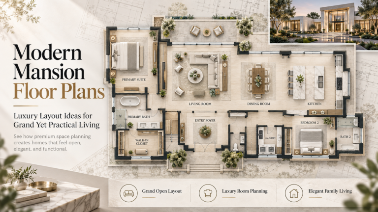 Modern mansion floor plan featuring a luxury primary suite, open living room, dining area, kitchen, walk-in closet, bathrooms and laundry room.