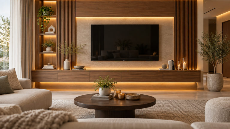 Modern wooden wall TV unit with vertical slat panels, floating cabinet, warm LED lighting and built-in shelves in a luxury living room.