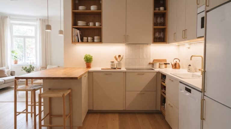 Small open plan kitchen with beige cabinets, wooden breakfast bar and smart storage