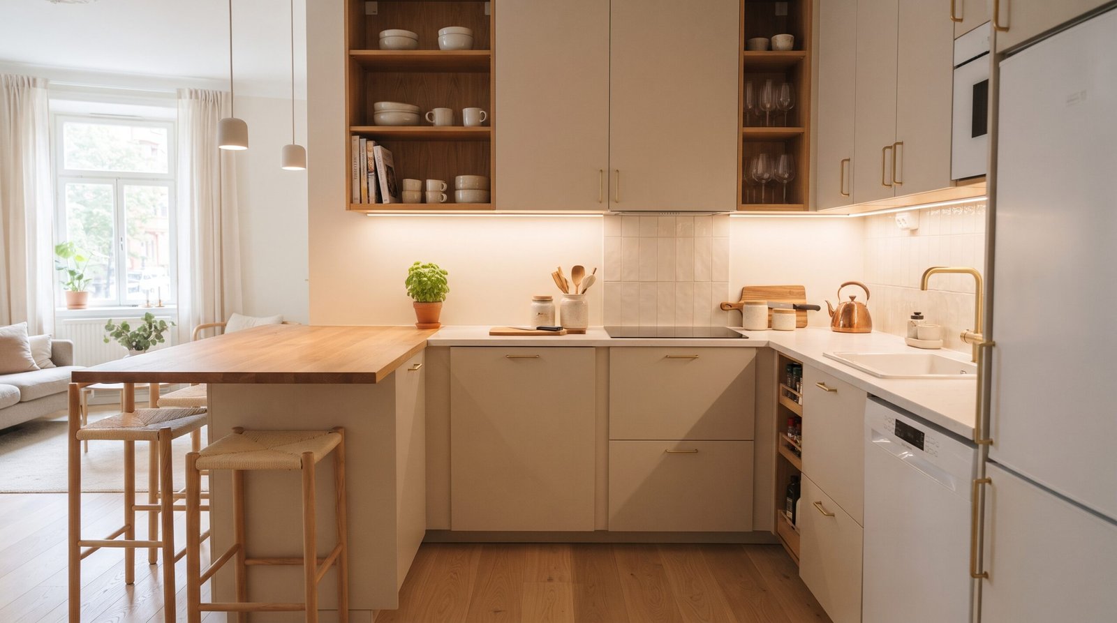 Small open plan kitchen with beige cabinets, wooden breakfast bar and smart storage