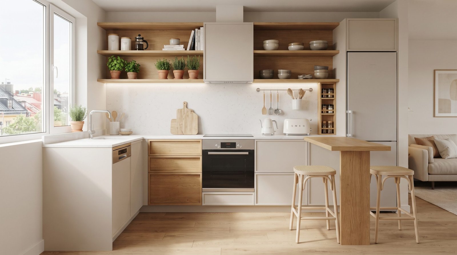 Small apartment kitchen with light cabinets, wood storage, open shelves and breakfast bar