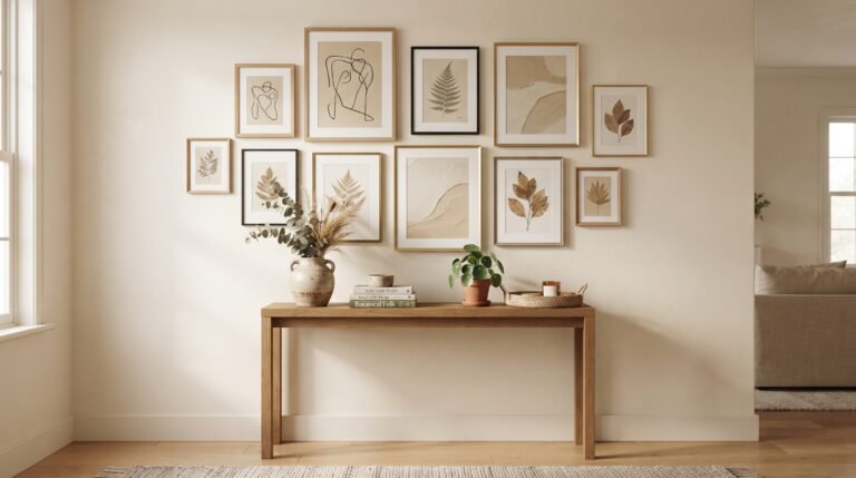 Neutral gallery wall with botanical prints, abstract art and natural wood frames above console table