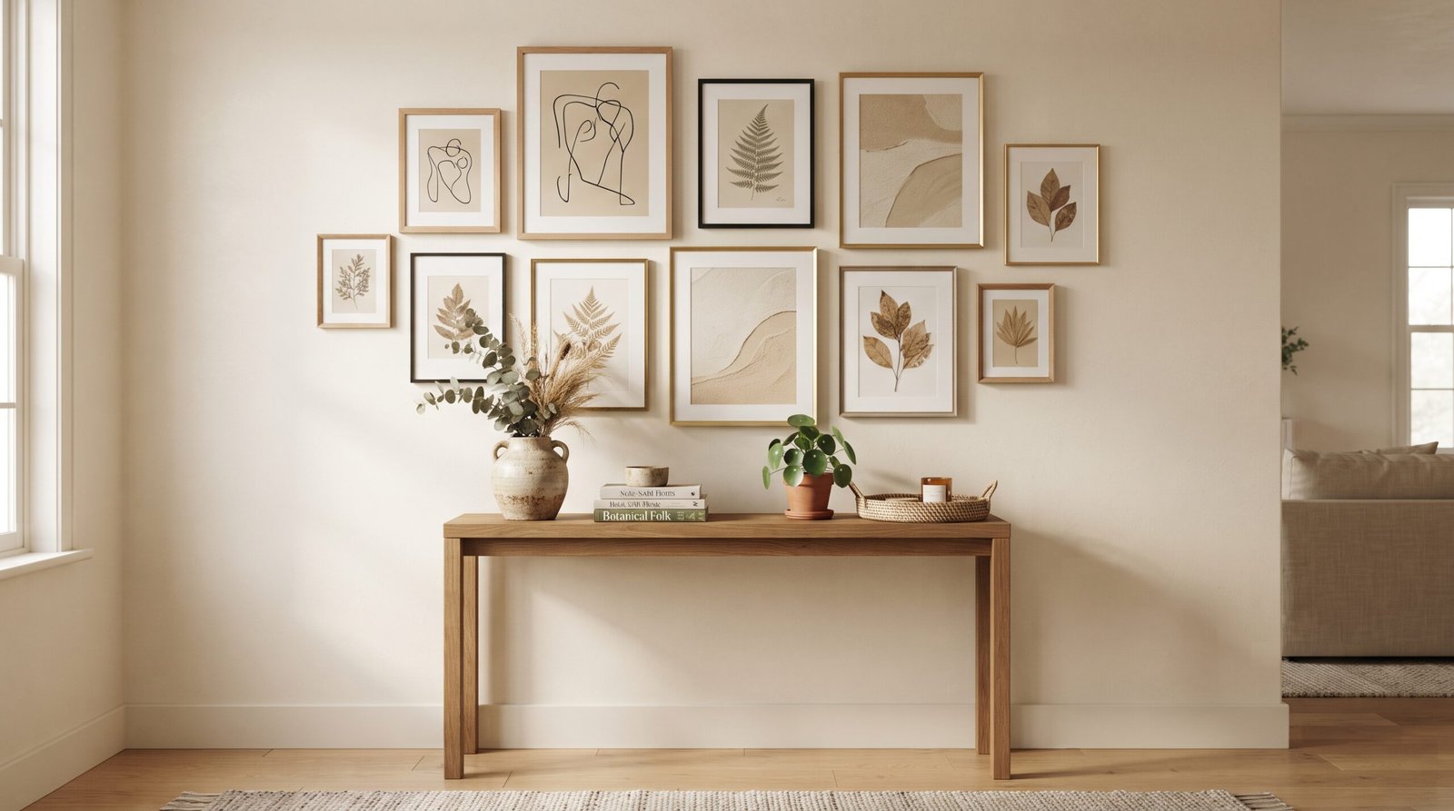 Neutral gallery wall with botanical prints, abstract art and natural wood frames above console table