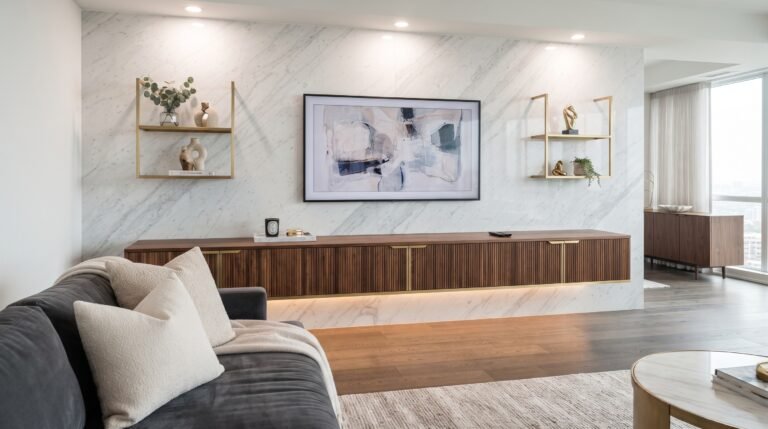 Luxury marble wall TV unit with floating walnut cabinet, gold shelves, recessed lighting and modern living room decor.