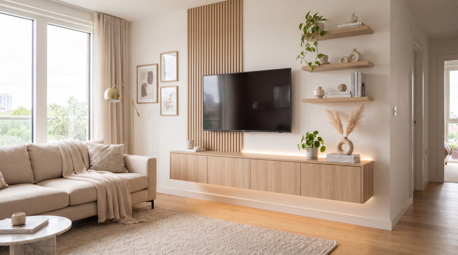 Modern floating TV unit with light wood cabinet, vertical slat wall panel, floating shelves and warm LED lighting in a bright living room.