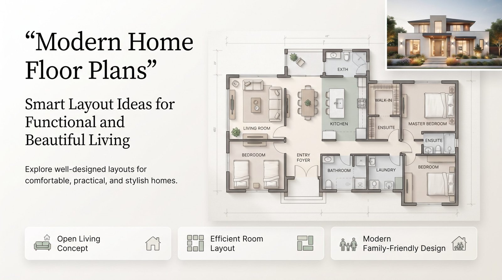 Modern home floor plan featuring an open living room, kitchen, bedrooms, bathrooms, laundry area and family-friendly layout.