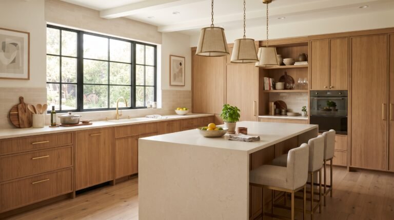 Warm wood kitchen with large cream island, brass hardware and modern pendant lights