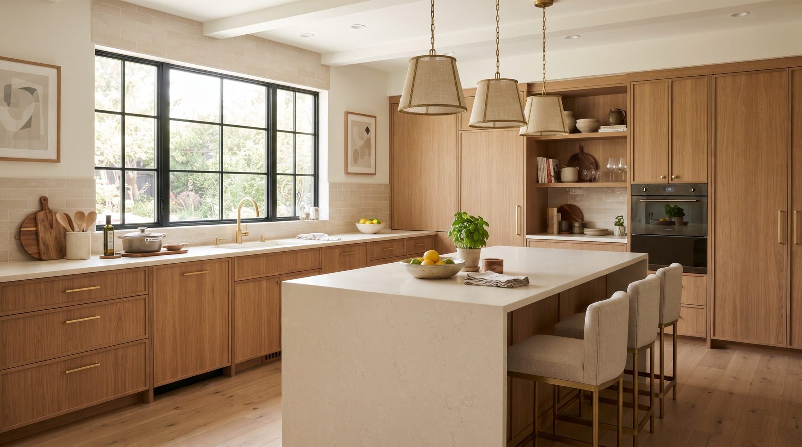 Warm wood kitchen with large cream island, brass hardware and modern pendant lights
