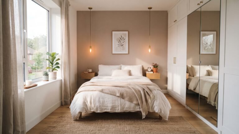 Small apartment bedroom with mirrored wardrobe, neutral bedding and floating nightstands
