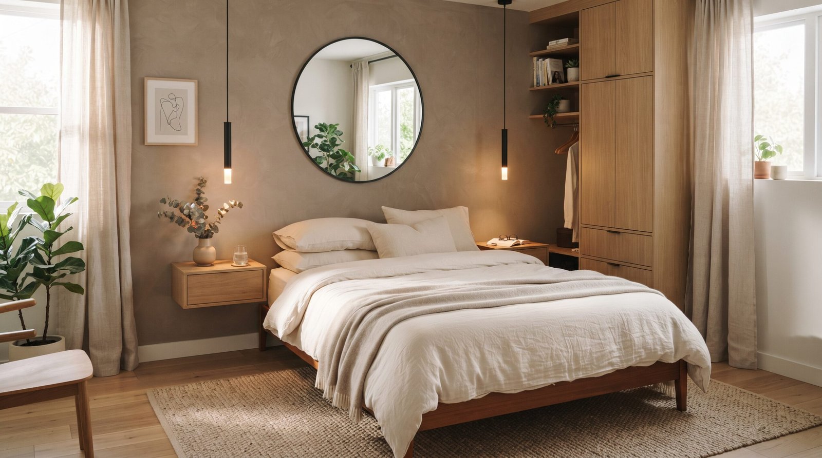 Organic modern bedroom with natural wood furniture, neutral bedding, round mirror and built-in storage